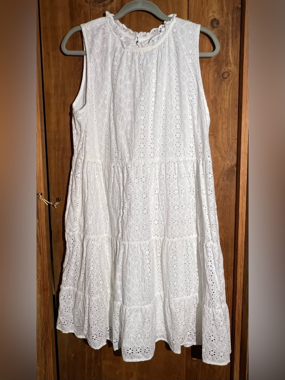 LOFT White Eyelet Ruffled Neck Tiered Midi Dress
